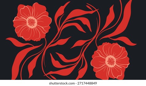 Kräftige Blumenkomposition mit zwei großen roten Blumen und fließenden Blättern auf schwarzem Hintergrund für einen modernen Druck.