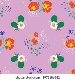 Bold floral desert seamless vector repeat pattern with pink background; for wrapping paper, women's fashion, surface pattern design.