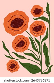 bold floral illustration with hand drawn orange abstract flowers and green leaves on soft pink background for wall art, botanical decor and modern interior prints