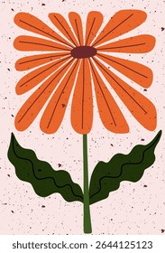 bold floral illustration with hand drawn orange daisy flower and green leaves on textured pastel background for modern wall art, printable decor and botanical design