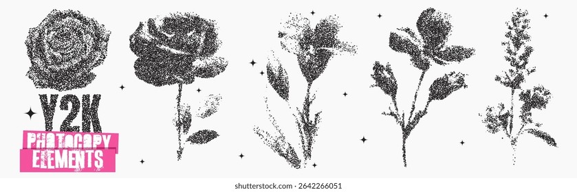 Bold floral illustrations feature diverse flower types with textured designs, evoking nostalgia for the Y2K era. The arrangement highlights creativity and artistic expression.