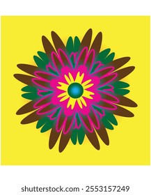 A bold floral mandala featuring green, pink, and brown accents set on a bright yellow background. Suitable for decorative art, modern designs, or spiritual-themed projects.