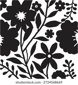 Diseño Botánico En Blanco Y Negro De Patrón Floral Audaz.