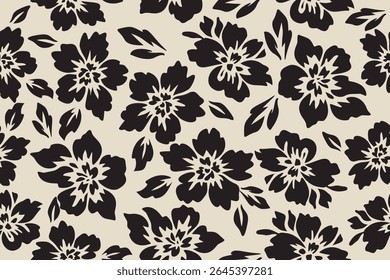 Bold floral pattern featuring large black blossom silhouettes with leaves on a soft beige background perfect for timeless fashion, fabrics, and vintage design.