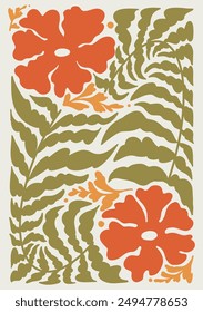 Bold floral pattern featuring vibrant red flowers and lush green leaves. Perfect for modern decor, textiles, and botanical projects. Adds a lively and artistic touch to any space.