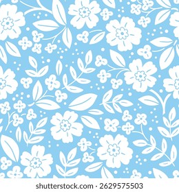 Patrón floral audaz en estilo dibujado a mano. Diseño de impresión sin costuras de flores para telas para niños, Fondo de pantalla o papel de regalo. Fondo de repetición azul monocromo. Adorno de Folk.