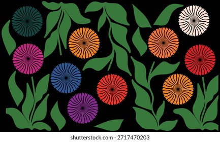 Bold floral pattern showcasing abstract blossoms in various hues like pink, orange, purple, and green, interspersed with simple, flat green leaf shapes on black.