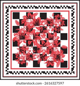 "Bold floral scarf pattern featuring vibrant red lilies over a modern black and white checkerboard background. This square textile design blends vintage floral illustration with contemporary geometric