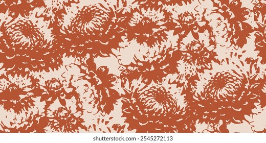 A bold floral seamless pattern featuring large, abstract chrysanthemum flowers in brown brushstroke style on a light background. Ideal for textiles, wallpapers, packaging, and modern decor designs.