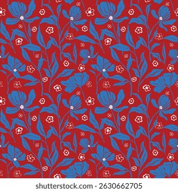 Bold floral seamless pattern in red, blue, and white tones. Hand-drawn flowers and leaves with vintage charm. Ideal for fashion, textiles, gift wrap, and surface design projects.