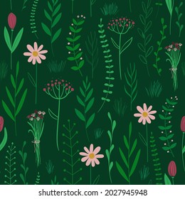 Bold floral seamless pattern. Rustic wildflowers wallpaper on a deep green background.