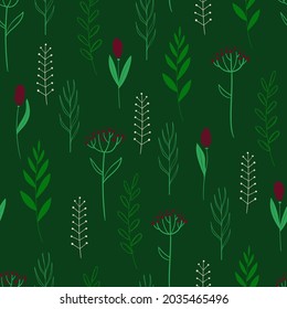 Bold floral seamless pattern. Simple rustic wildflowers wallpaper on a deep green background.
