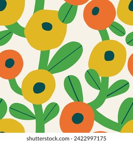 Textura floral sin fisuras. Patrón vector lindo con flores y hojas grandes. Fondo floral dibujado a mano