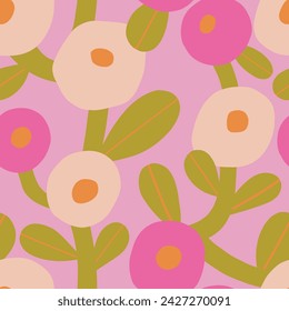 Bold floral seamless texture. Cute vector pattern with big flowers and leaves. Hand drawn floral background