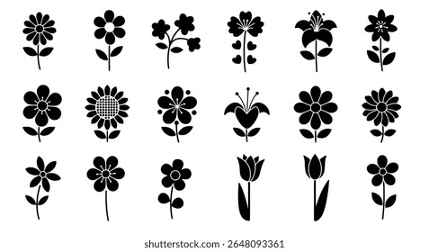 Bold floral silhouettes - tulip, daisy, and wildflower graphic icons - vector icons or decorative elements for branding, packaging, or layout design