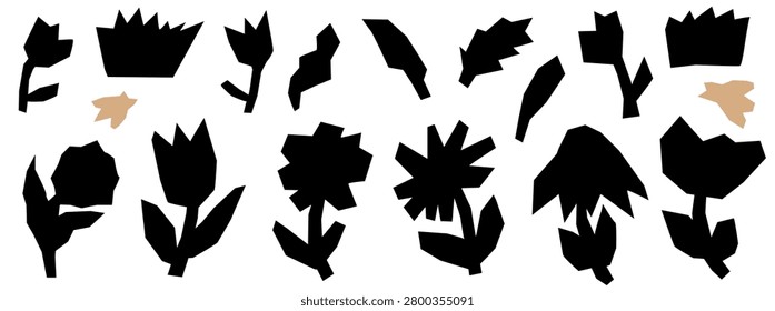 Bold flower cut silhouettes with daisy poppy and tulip for graphic collage. Angular hand drawn floral shapes and leaf in solid black tone. Minimal vector wildflower paper cut set for sticker sheet.