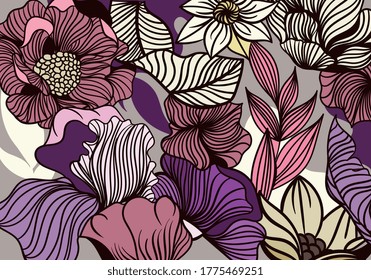 Bold Flower Pattern in full frame showing garden flowers and leaves in shades of purple, pink and yellow, colored vector illustration