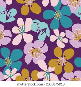 Bold flowers in mustard yellow, pink and purple. Fabric seamless pattern botanical print background design. Vector illustration. Surface pattern design. Great for card design, kids, clothing and home
