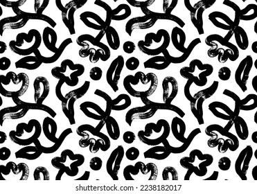 Bold flowers in naive style seamless pattern. Brush drawn tulips silhouettes. Abstract black vector blossoms. Bold curved stems with leaves and buds. Elegant naive spring floral design. 