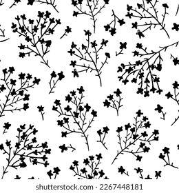 Bold flowers in naive style seamless pattern. Brush drawn silhouettes plants. Abstract black vector blossoms. Bold curved stems with leaves and buds. Elegant naive spring floral design.