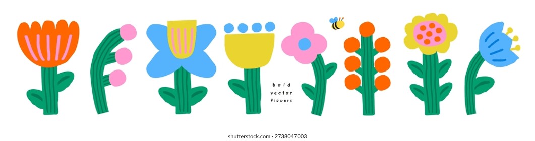 Bold Flowers. Vector naive isolated spring and summer floral illustrations on a transparent background in folk style for icons, stickers, print and design