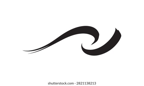 A bold, flowing black brush stroke forms an abstract, elegant wave-like shape, suggesting movement and artistic flair on a clean background.