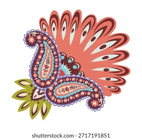 Una atrevida composición folk con pétalos de paisley y Formas de estilo pavo real perfectas para estampados textiles y marcas festivas.