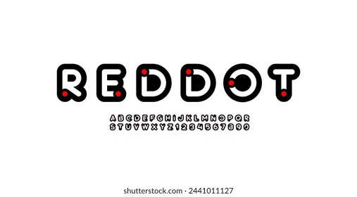 Fettschrift Alphabet mit rotem Punkt, Buchstaben A, B, C, D, E, F, G, H, I, J, K, L, M, N, O, P, Q, R, S, T, U, V, W, X, Y, Z und Ziffern 0, 1, 2, 3, 4, 5, 6, 7, 8, 9, Vektorgrafik 10EPS