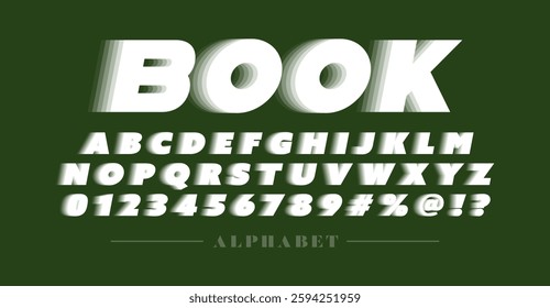 Bold font in book pages style on green background. Modern abc alphabet for banner, poster, printing, typography, t shirt, book and card. Trendy vector illustration.
