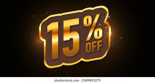 Bold font Golden Label with text 15 Percent Off. Mega Sale. Vector illustration.