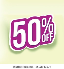Bold Font Label With Text 50 Percent Off yellow background dark pink text 50% OFF sticker label with shadow for discount offers sales promotions and marketing offering discounts