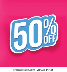 Bold Font Label With Text 50 Percent Off pink background light blue text 50% OFF sticker label with shadow for discount offers sales promotions and marketing offering discounts