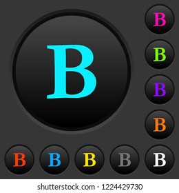 Bold font type dark push buttons with vivid color icons on dark grey background