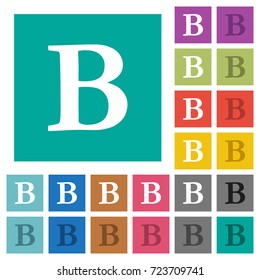 Bold font type multi colored flat icons on plain square backgrounds. Included white and darker icon variations for hover or active effects.