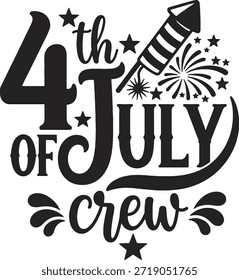 Fette Typografie-Illustration der Crew vom 4. Juli, die den Unabhängigkeitstag feiert, mit Feuerwerkselementen und festlichem Schriftzug, ideal für patriotische Designs und Drucke.