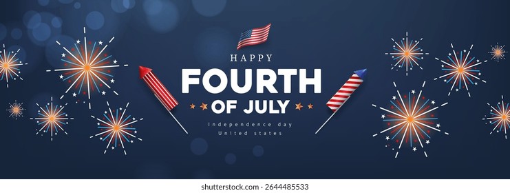 Bold Fourth of July lettering with fireworks and patriotic rockets on a dark background, ideal for Independence Day banners, posters, or social media posts.