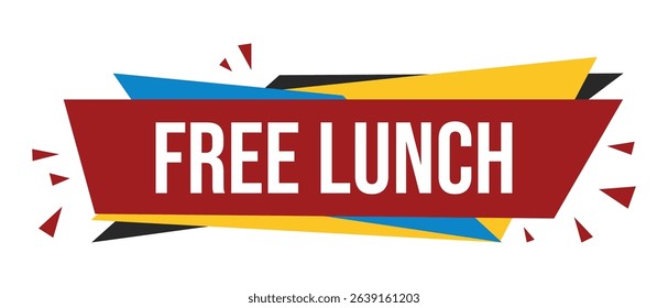 Bold 'Free Lunch' text on a geometric banner with red, yellow, blue and black accents, isolated on a white background.