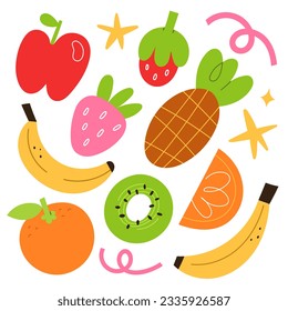 Bold fruit illustrations, pineapple, banana and strawberry, orange fruit. Simple vector illustrations isolated on white background, icon set