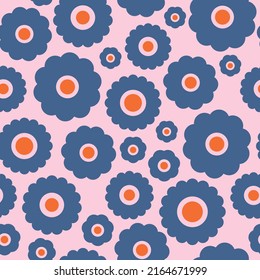 Bold, fun floral seamless vector pattern. Funky, retro blue and orange color flowers on a pink background. Happy, cute, modern repeat surface design print. 