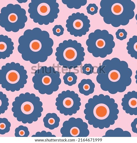 Bold, fun floral seamless vector pattern. Funky, retro blue and orange color flowers on a pink background. Happy, cute, modern repeat surface design print. 