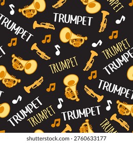 Bold Fun Trumpet Musical Instruments Notes Pattern. Seamless vector pattern featuring trumpet silhouettes. A lively and dynamic design perfect for music-themed products, textiles, and artistic decor.