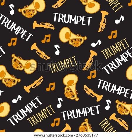 Bold Fun Trumpet Musical Instruments Notes Pattern. Seamless vector pattern featuring trumpet silhouettes. A lively and dynamic design perfect for music-themed products, textiles, and artistic decor.