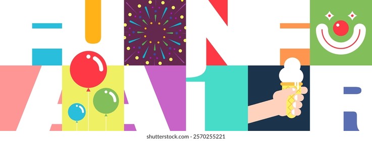 Bold funfair text horizontal banner. Amusement park stylish modern invitation. Carnival artistic flyer with abstract fireworks, clown, balloons and ice cream. Geometric fun fair billboard layout