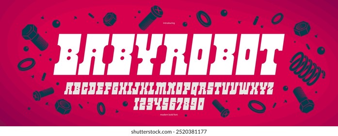 Bold futuristic comics display font for logos and posters, cartoon minimal alphabet letters and numbers typography, robot digital thick futuristic comic typeface design, italic version.