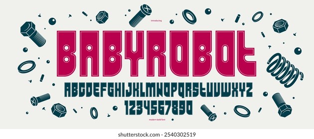 Os quadrinhos futuristas ousados exibem fonte para logotipos e cartazes, caricaturas com letras do alfabeto mínimo e tipografia numérica, robôs digitais grossos design de tipografia de quadrinhos futuristas.