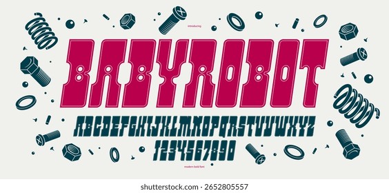 Os quadrinhos futuristas negrito exibem fonte para logotipos e cartazes, caricaturas com letras alfabéticas mínimas e tipografia numérica, robô digital grosso design de tipografia futurista, versão em itálico.