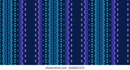 A bold, futuristic tribal seamless pattern in electric blue, violet, and teal over a deep navy background.