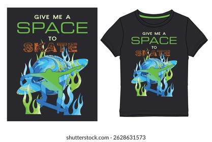 A bold, futuristic kids’ T-shirt graphic combining space and skateboarding culture. The design features a dynamic green silhouette of a skater soaring over a swirling blue planet.