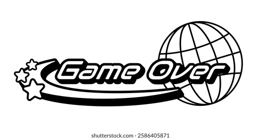 Bold Game Over logo with a futuristic Y2K design featuring a globe, and dynamic star elements. Retro gaming aesthetic. Futuristic cyber techno design for posters, stickers, ads, t-shirts, logos. 