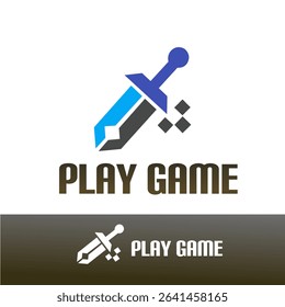 A bold gaming logo featuring a pixelated sword in blue and black with, representing action, adventure, and digital gaming in a modern and dynamic style